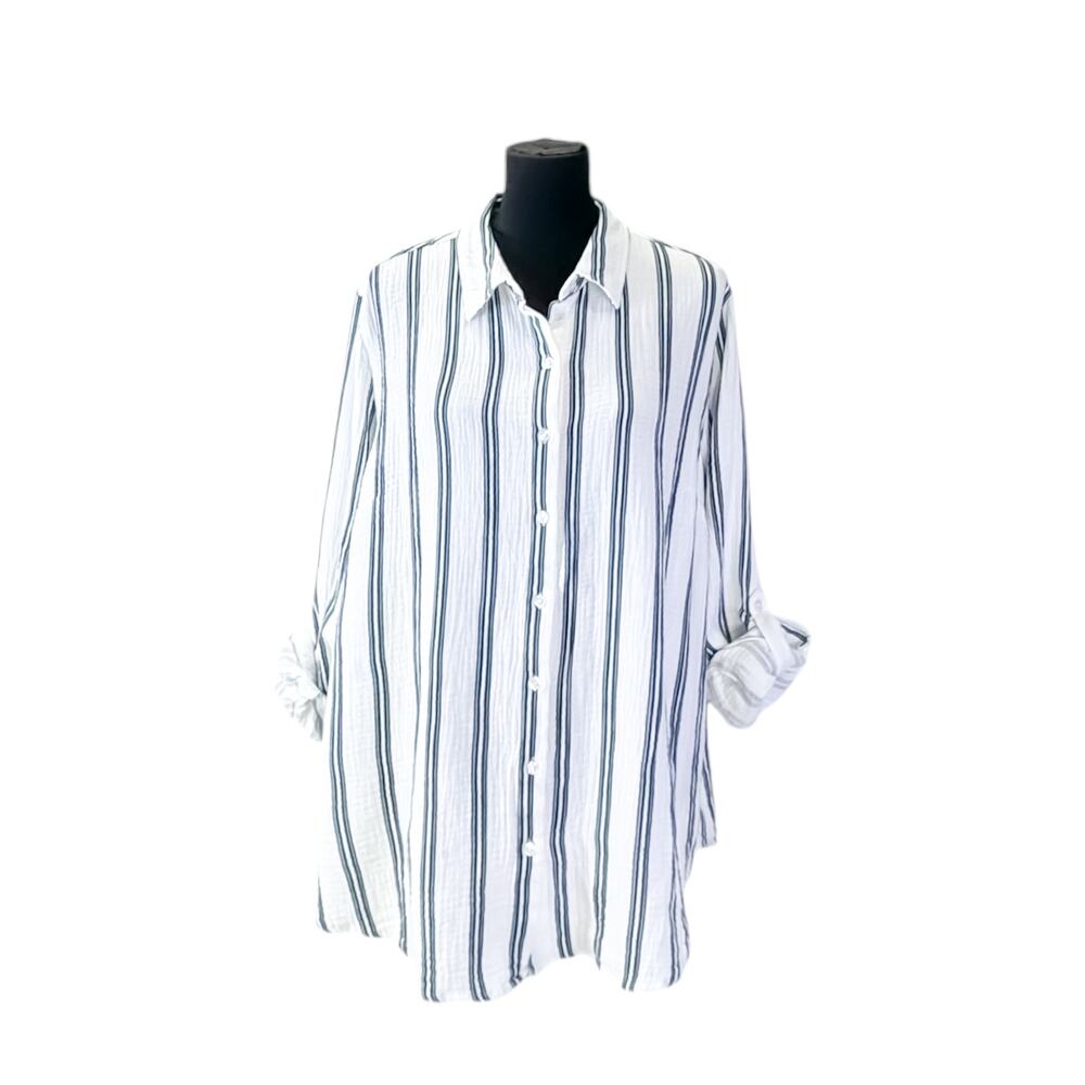 Kim Rogers White & Blue Striped 100% Cotton Lightweight Button Up Shirt XL